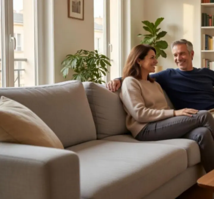 Couple de clients rassurés dans leur salon, illustrant la confiance accordée à leur assurance.