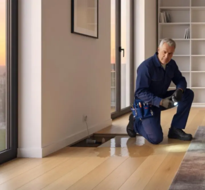 Intérieur d'une maison moderne avec fuite d'eau, illustrant un dégât des eaux pris en charge par l'assurance habitation.