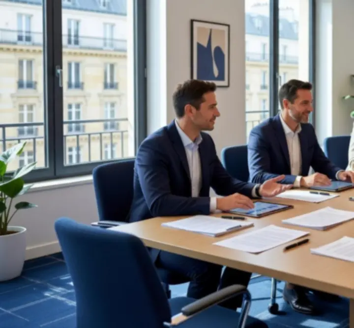 Professionnels en réunion pour étudier des solutions d'assurance responsabilité civile
