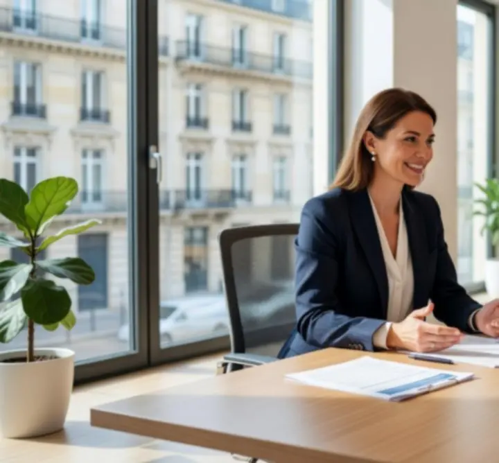 Client et conseillère en assurance échangeant dans un bureau moderne, illustrant un accompagnement personnalisé.