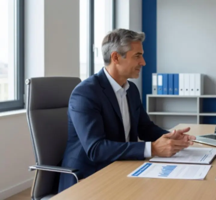 Conseiller en assurance échangeant avec des clients dans un bureau